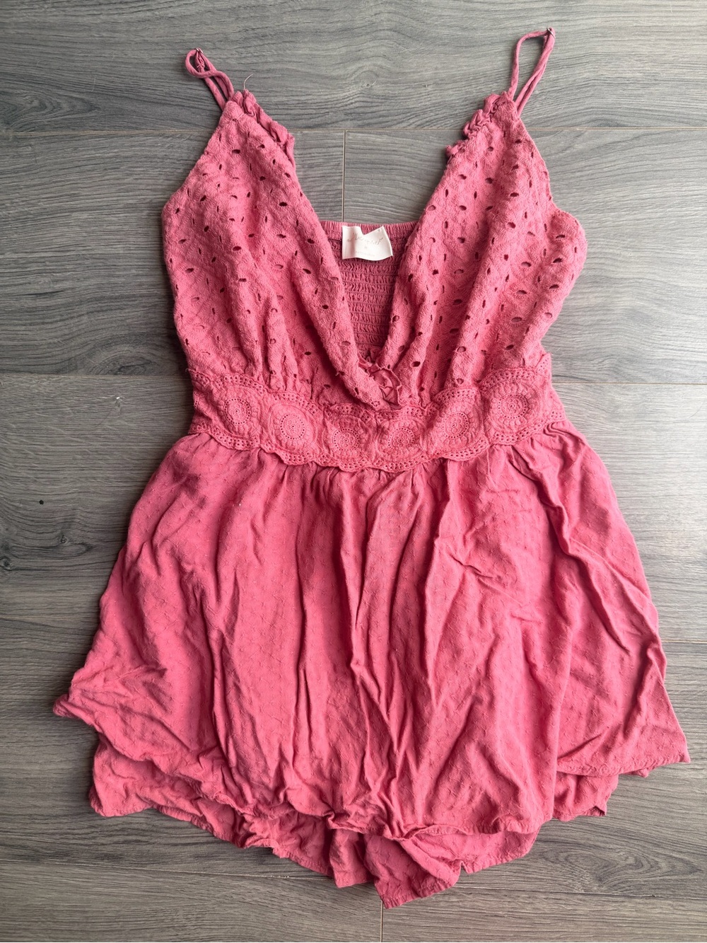 Pink Eyelet Surplice Romper with Crochet Waist